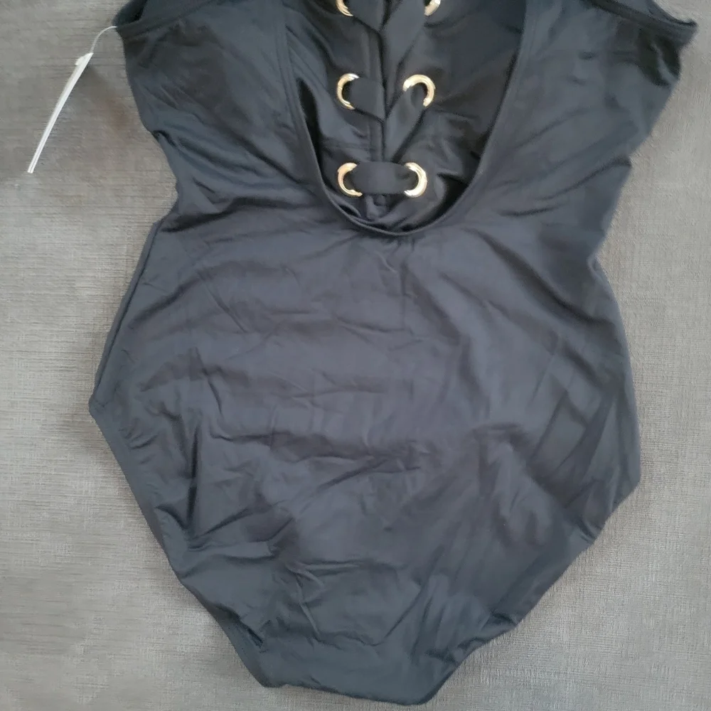 Michael Kors Women's Black Lace Up Gold Grommets One Piece Swimsuit Size 8 - Picture 6 of 13
